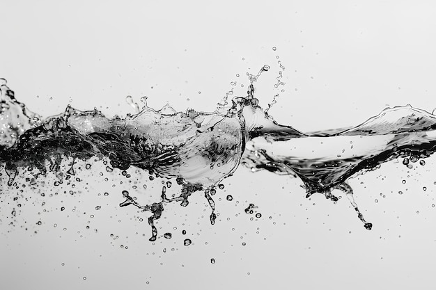 Une photo en noir et blanc de l'eau éclaboussée sur un fond blanc avec un fond noir et blanc