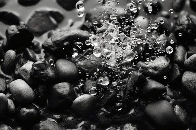 Une photo en noir et blanc d'eau et de rochers avec les mots " eau " dessus.