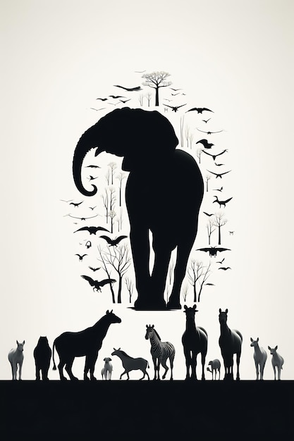 une photo en noir et blanc d'un éléphant et de quelques animaux