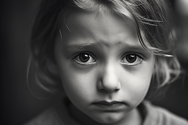 une photo en noir et blanc d'un enfant avec un visage triste.