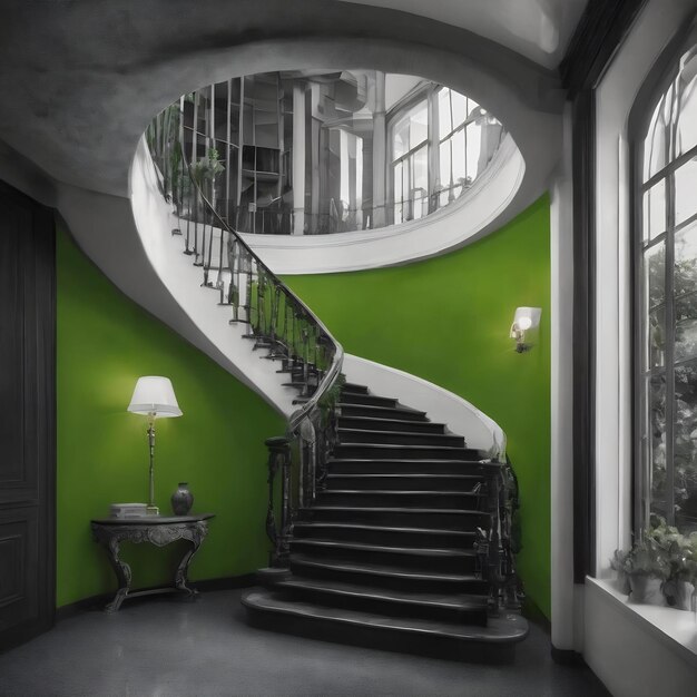 Photo une photo en noir et blanc d'un escalier avec un fond vert