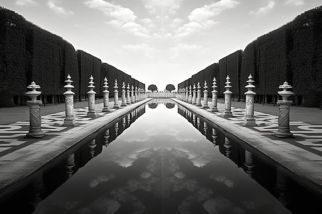 une photo en noir et blanc d'un étang avec le reflet d'un pont dans l'eau.