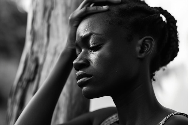 Photo une photo en noir et blanc d'une femme appuyée contre un arbre