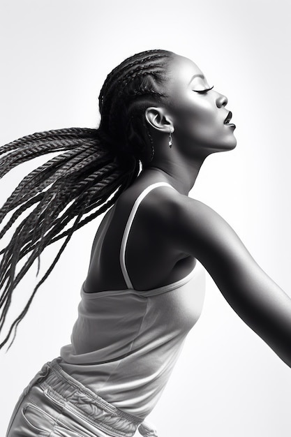 Une photo en noir et blanc d'une femme aux cheveux longs et une robe blanche.