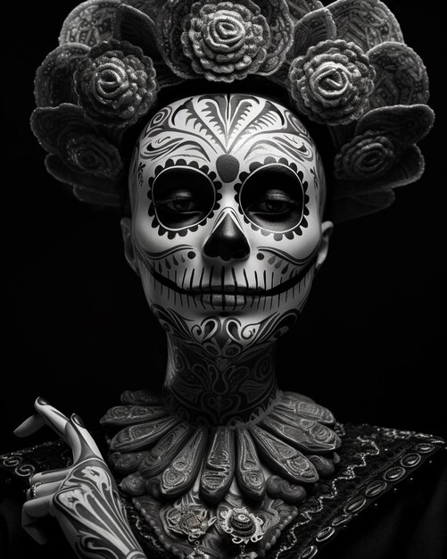 une photo en noir et blanc d'une femme avec un crâne maquillage génératif ai