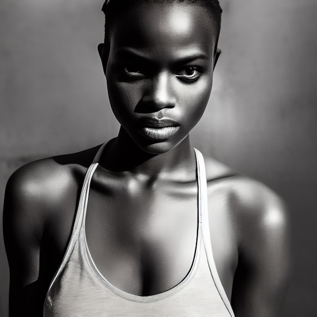 Une photo en noir et blanc d'une femme avec un débardeur blanc.