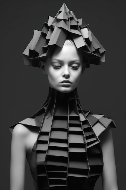 Une photo en noir et blanc d'une femme portant un chapeau en papier image générative ai
