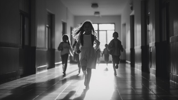 une photo en noir et blanc d'une femme avec ses cheveux soufflant dans le vent.