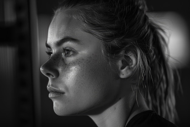 Une photo en noir et blanc d'une femme avec des taches de rousseur sur le visage