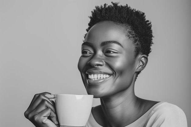 une photo en noir et blanc d'une femme tenant une tasse de café