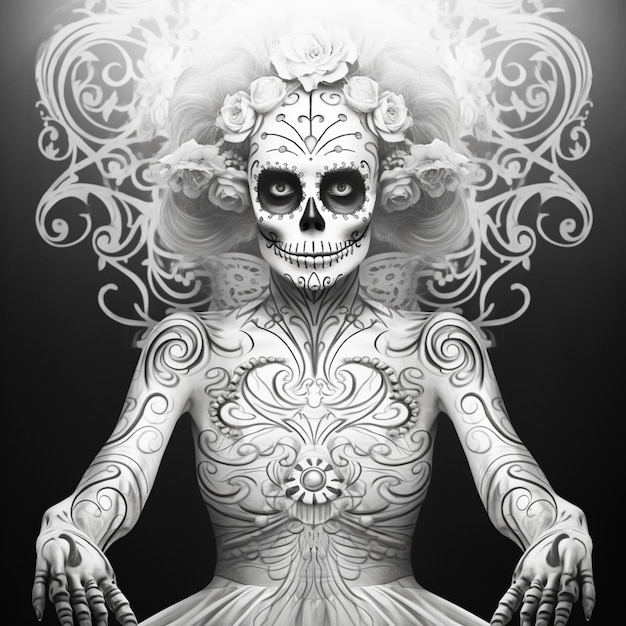 Photo une photo en noir et blanc d'une femme avec un visage de squelette et une robe générative ai