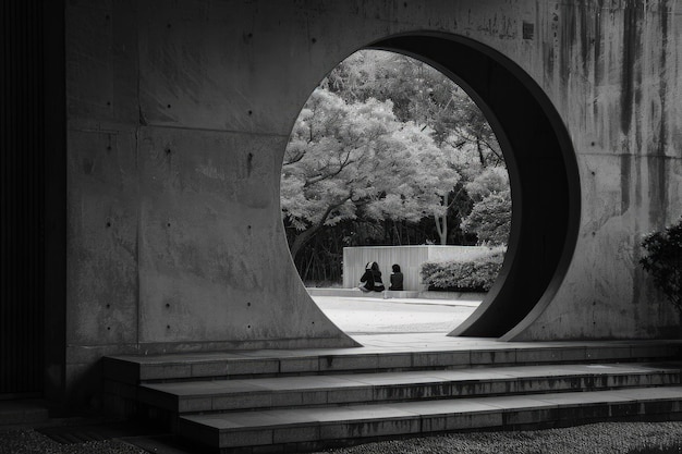 Une photo en noir et blanc d'une fenêtre circulaire