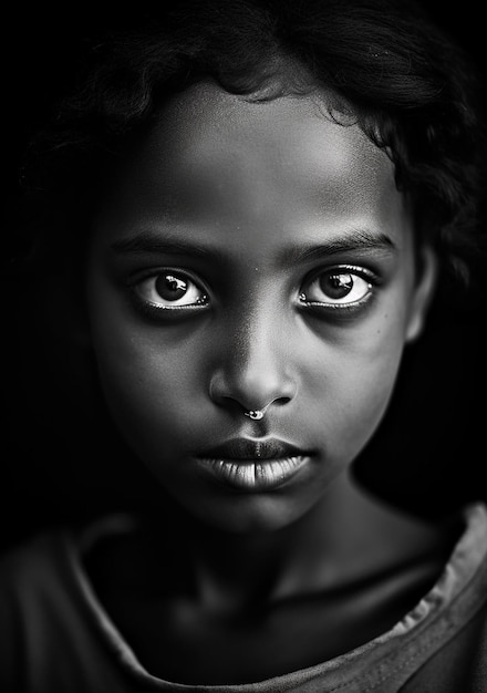 une photo en noir et blanc d'une fille avec un anneau au nez sur le visage.