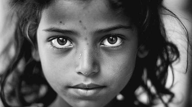 une photo en noir et blanc d'une fille avec une larme dans les yeux.