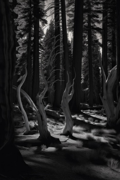 Une photo en noir et blanc d'une forêt Image d'IA générative