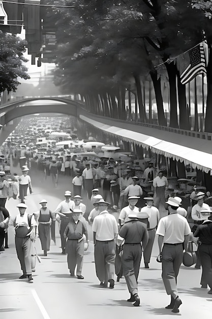 Une photo en noir et blanc d'une foule de personnes marchant dans une rue