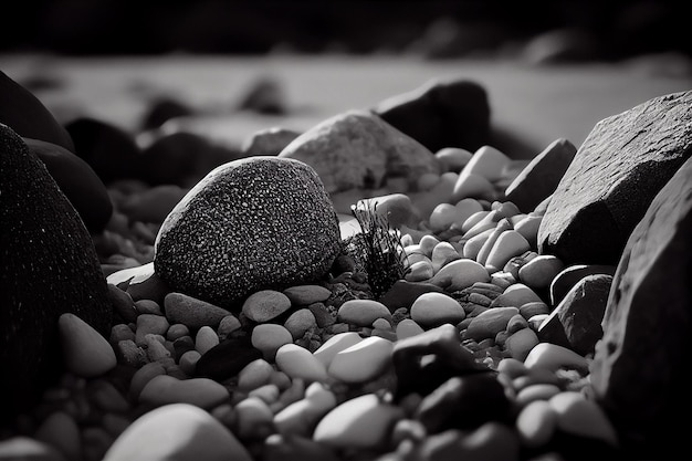 Photo en noir et blanc de galets sur la plage la nuit par ai générative