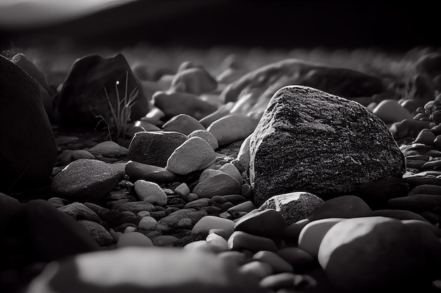 Photo en noir et blanc de galets sur la plage la nuit par ai générative