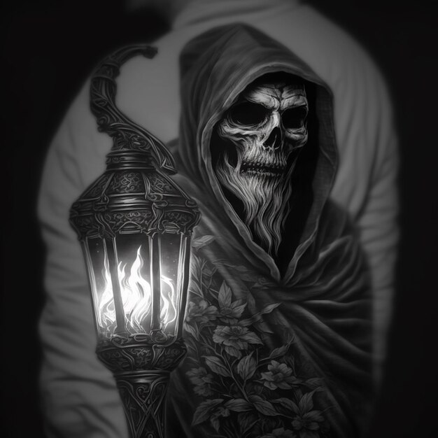 une photo en noir et blanc d'un homme avec une cape et une lanterne générative ai