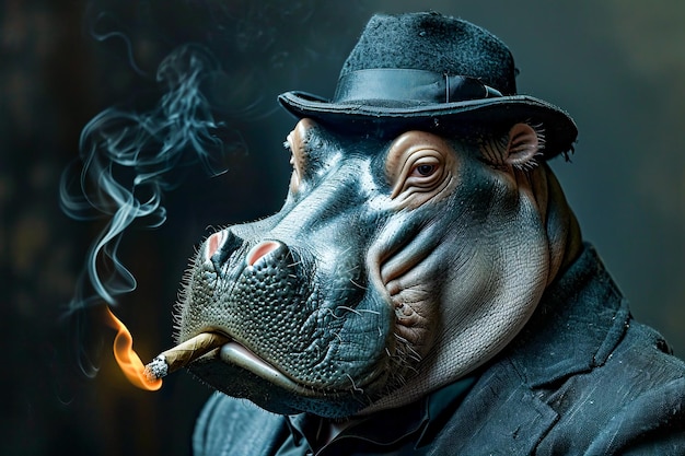 Photo photo en noir et blanc d'un homme en costume avec une tête d'hippopotame portant un chapeau et fumant un cigare