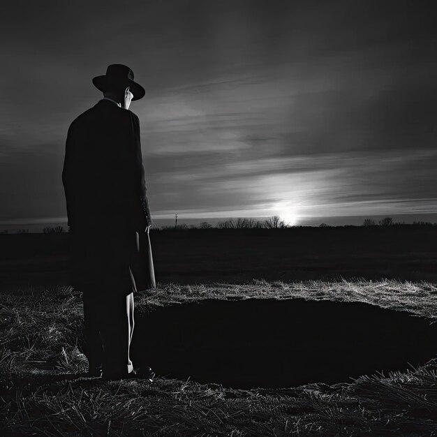 Une photo en noir et blanc d'un homme debout dans un champ