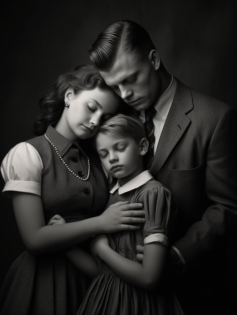 Une photo en noir et blanc d'un homme et d'une femme étreignant un enfant.