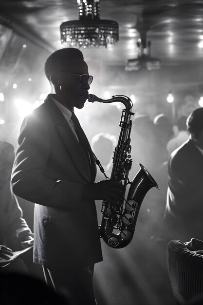 une photo en noir et blanc d'un homme jouant du saxophone