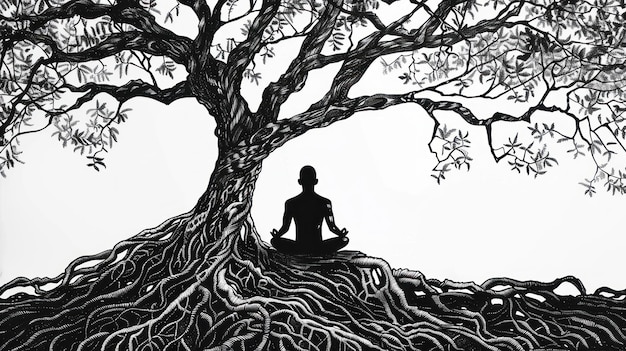 Photo une photo en noir et blanc d'un homme en pose de yoga devant un arbre avec des racines