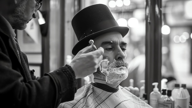 Photo une photo en noir et blanc d'un homme se rasant avec un rasoir droit dans un barbier