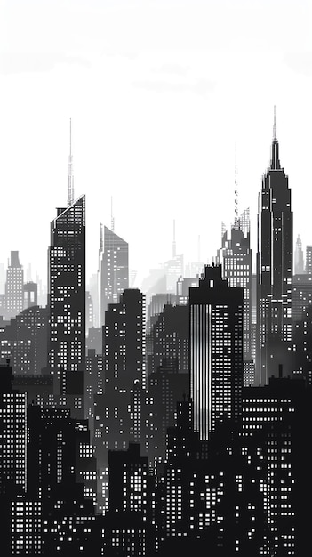 une photo en noir et blanc d'un horizon de la ville avec un gratte-ciel en arrière-plan
