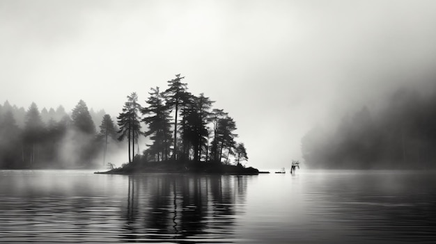 Une photo en noir et blanc d'un lac avec des arbres