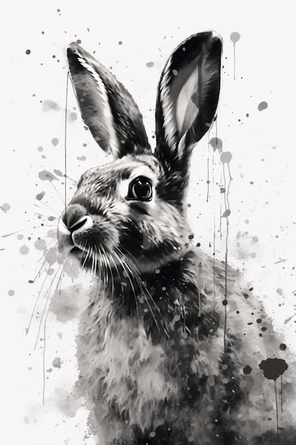 une photo en noir et blanc d'un lapin avec un fond éclaboussé ai générative