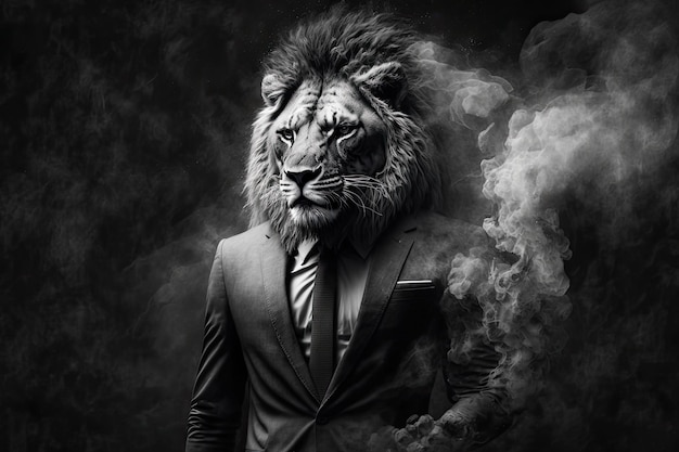 Une photo en noir et blanc d'un lion à l'air effrayant dans un costume fumant avec des mains humaines