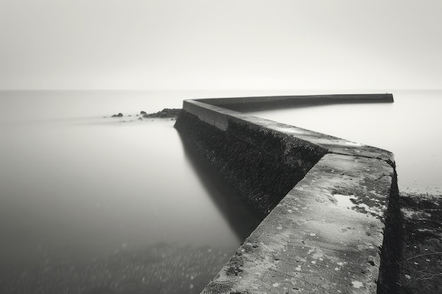 Photo photo en noir et blanc d'une longue jetée en béton s'élançant dans une mer calme