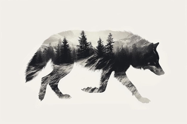 Photo une photo en noir et blanc d'un loup avec des arbres en arrière-plan