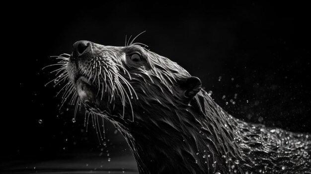 Une photo en noir et blanc d'une loutre secouant l'eau.