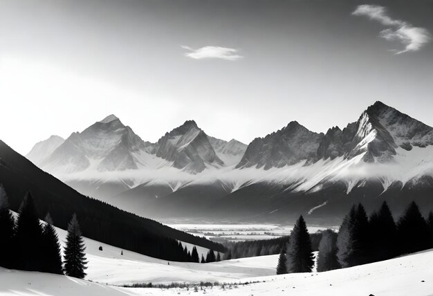 une photo en noir et blanc d'une montagne avec un petit nuage blanc en arrière-plan