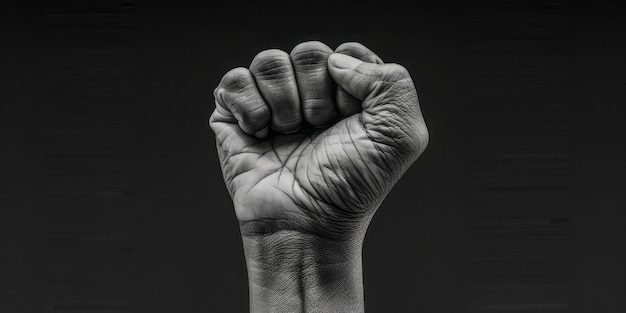 Cette photo en noir et blanc montre un poing puissant levé en l'air symbolisant la force et la détermination.