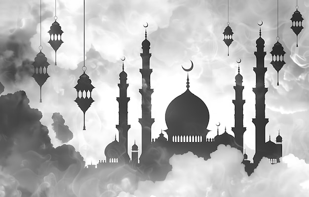 une photo en noir et blanc d'une mosquée avec la lune et les nuages en arrière-plan