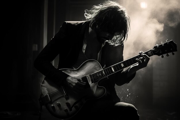 Photo en noir et blanc d'un musicien avec une guitare