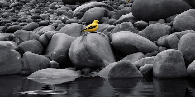 Une photo en noir et blanc d'un oiseau sur un rocher.