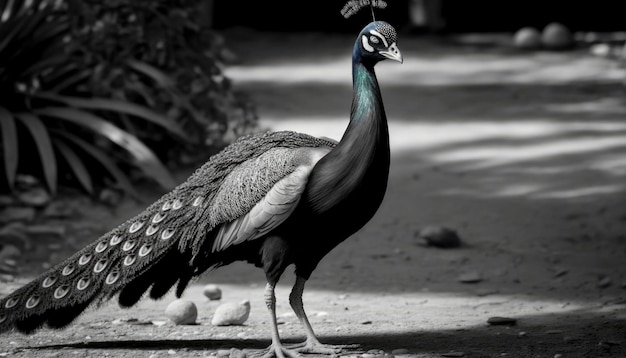 Une photo en noir et blanc d'un paon avec un petit oiseau sur le sol.