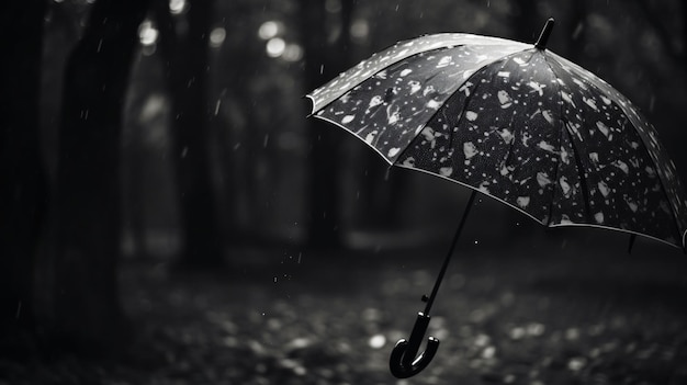 Une photo en noir et blanc d'un parapluie sous la pluie