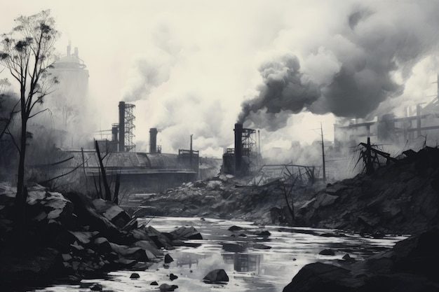 Photo en noir et blanc d'un paysage industriel avec une rivière et une pollution Peinture monochromatique représentant une atmosphère brumeuse remplie de fumée