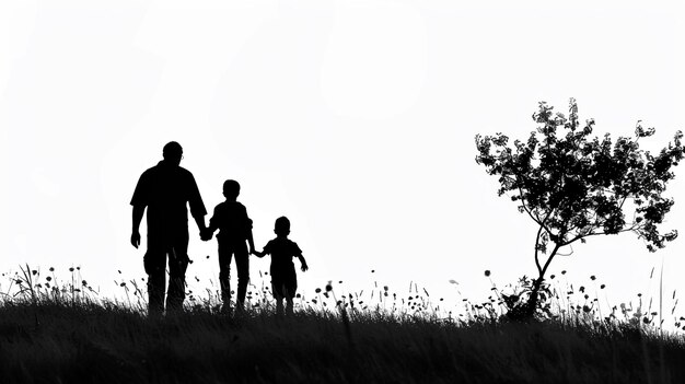 une photo en noir et blanc d'un père et d'enfants se tenant par la main