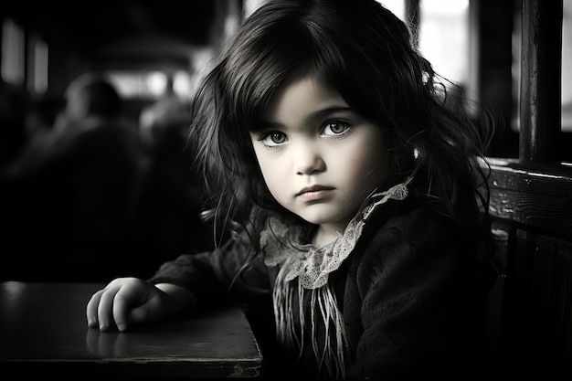 une photo en noir et blanc d'une petite fille assise à une table