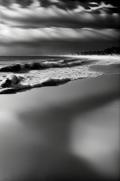 Une photo en noir et blanc d'une plage