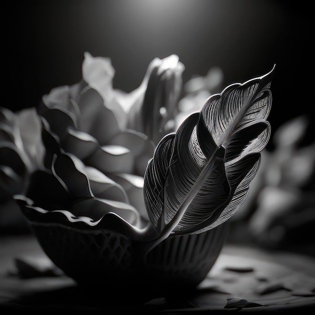 Une photo en noir et blanc d'une plante avec des feuilles dessus.