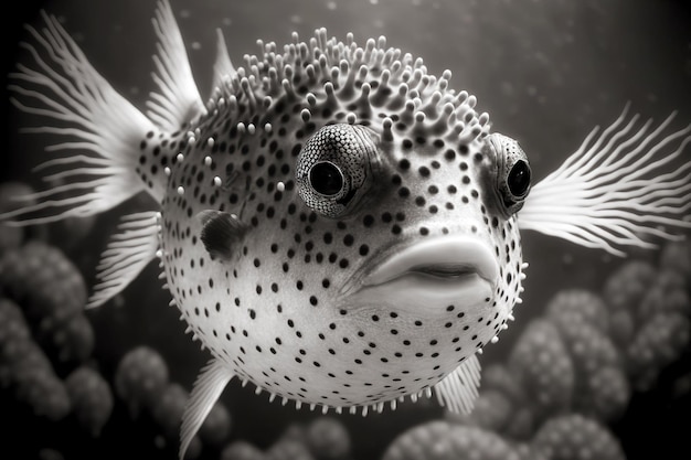 Photo photo noir et blanc d'un poisson-globe dangereux aux yeux exorbités