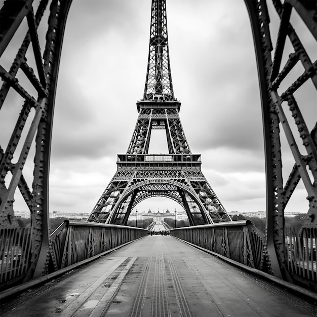 Une photo en noir et blanc d'un pont avec la tour eiffel en arrière-plan.